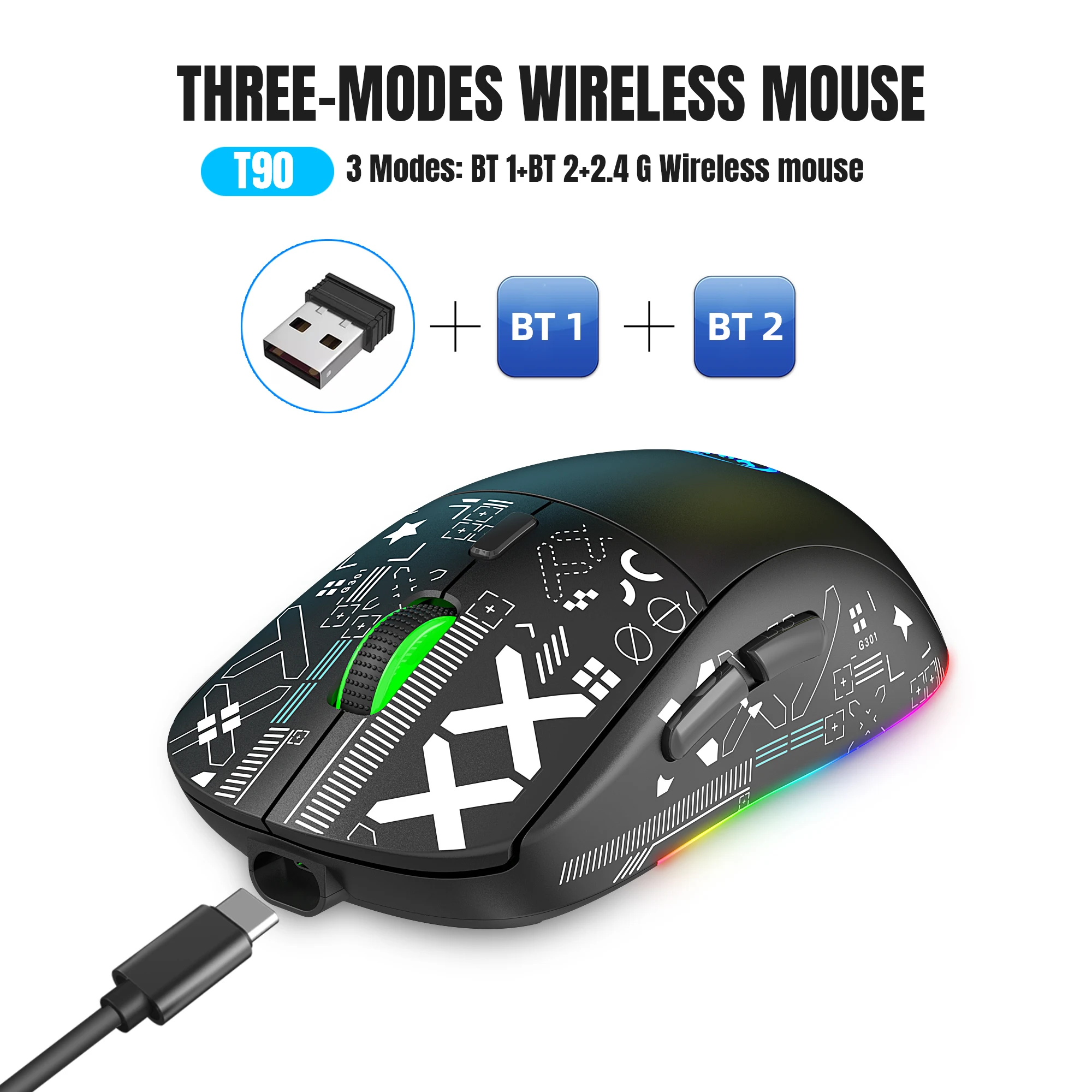 Souris-de-jeu-Bluetooth-sans-fil-souris-r-tro-clair-e-RVB-aste-USB-2-4G